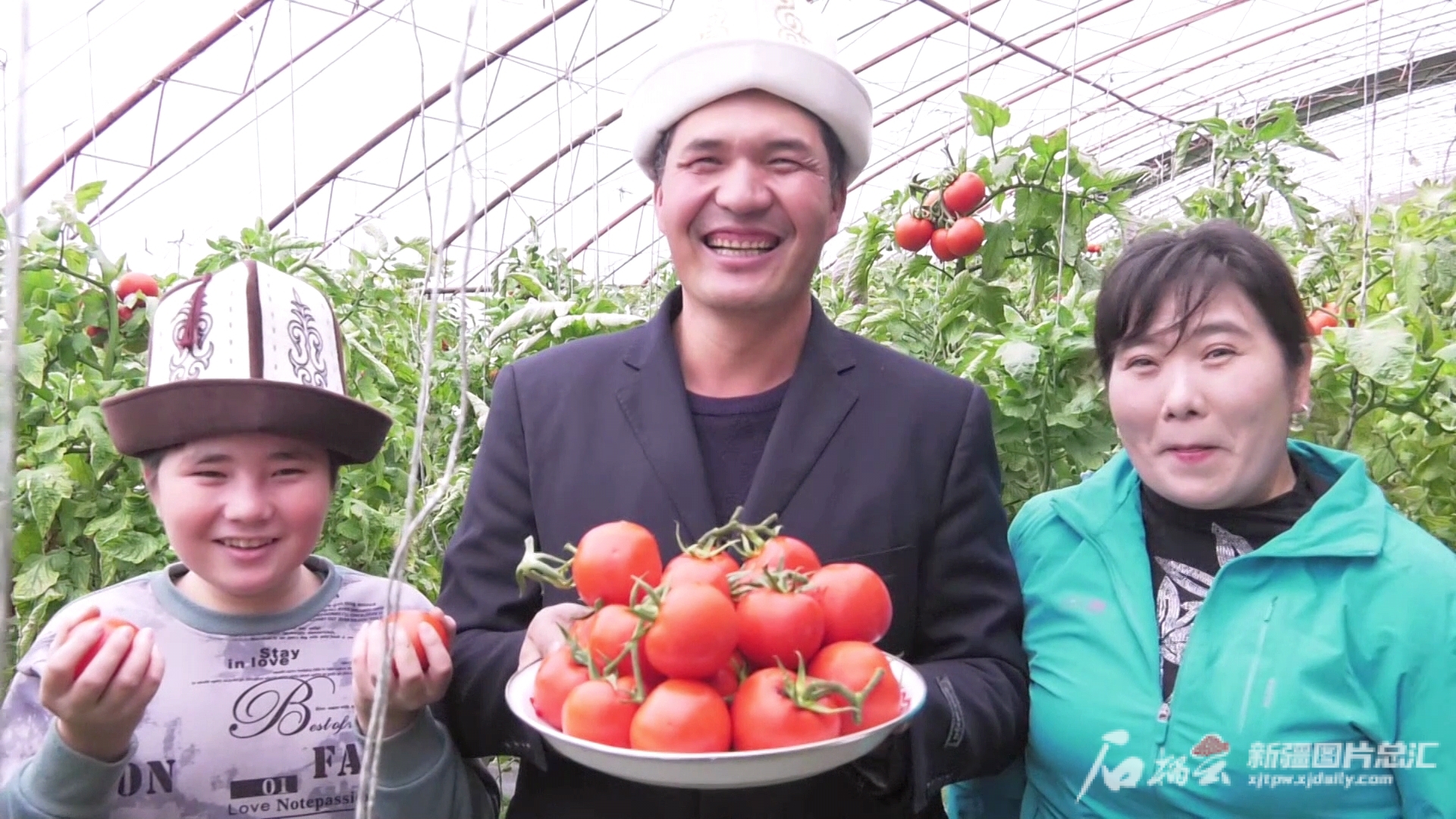 9月2日，夫妻俩蔬菜大棚里的西红柿喜获丰收，一家人手捧采摘的西红柿乐开了花。阿依沙力肯摄