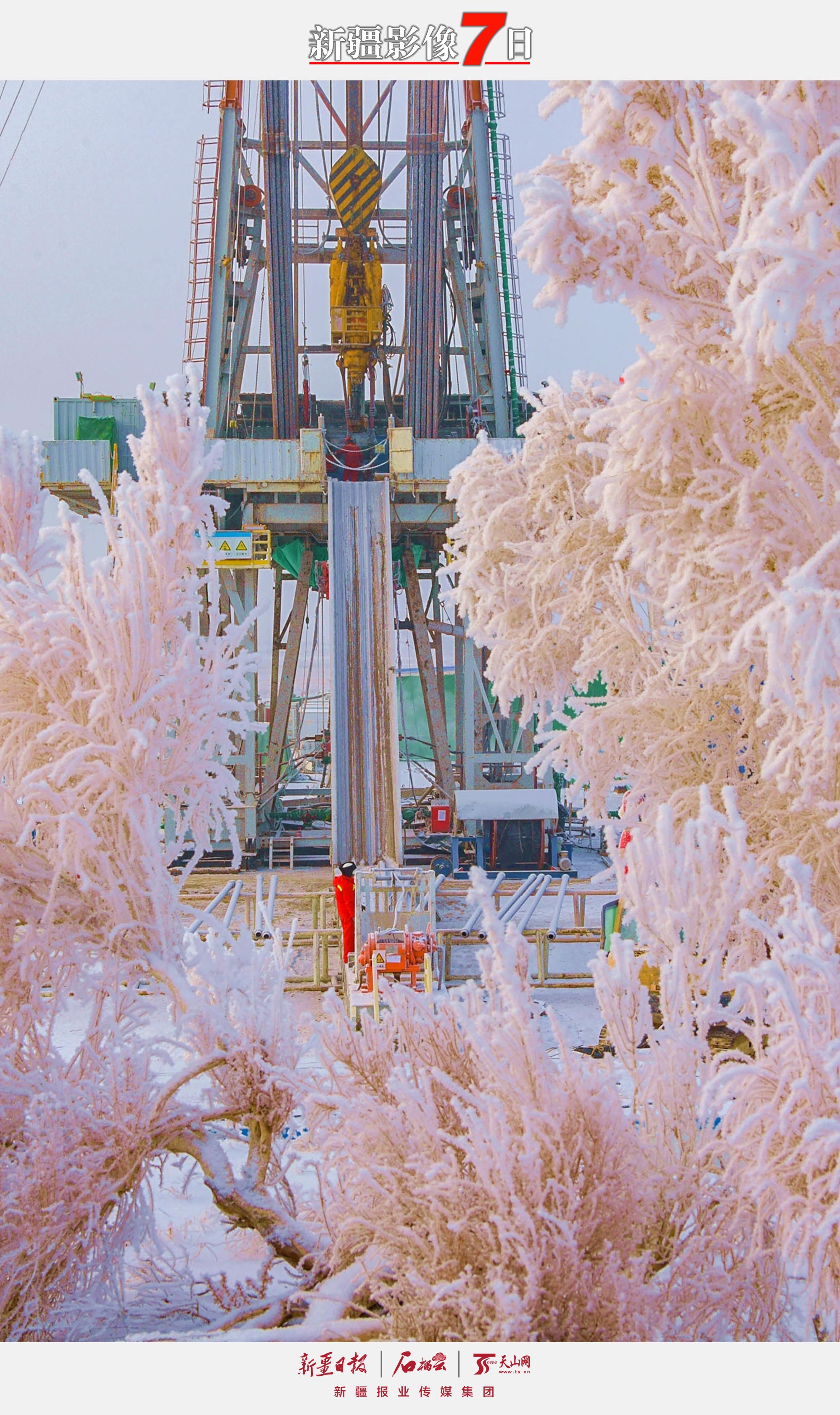 12月8日，在克拉玛依金龙2油区拍摄的雾凇景观。连日来，克拉玛依油区持续降雪，戈壁大漠上的植物和树木挂满了冰霜，形成了美丽的雾凇景观，与井架相映生辉，美不胜收。周建玲摄
