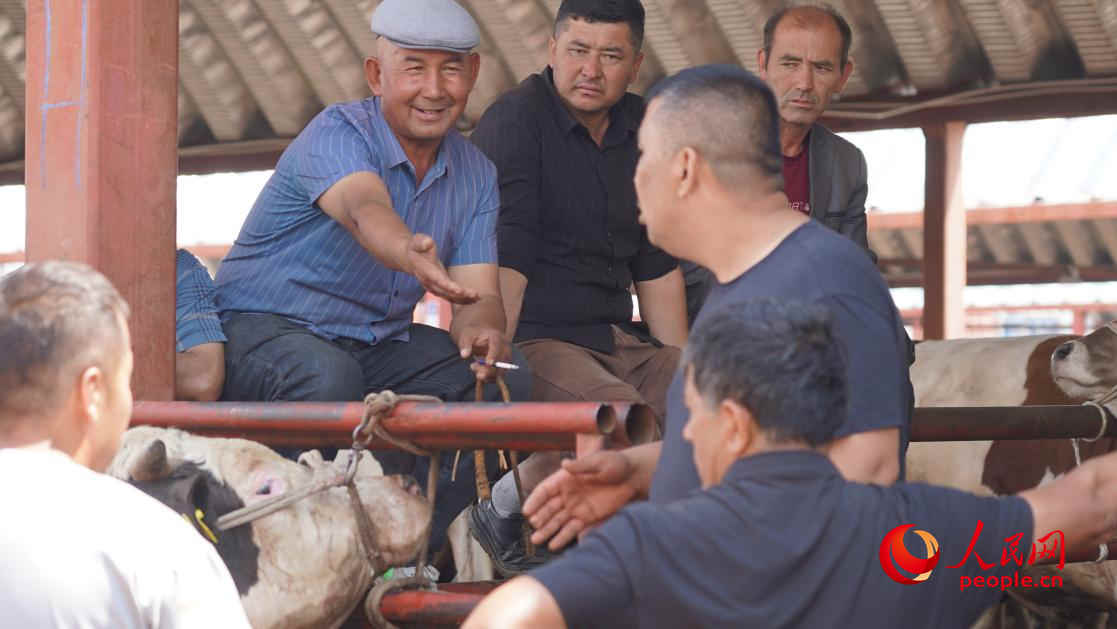 在黄公巴扎的活畜交易区双方正在交谈。人民网 李龙摄
